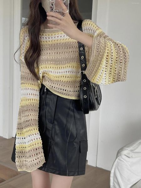 Damenpullover Y2k Korean Stripe Hollow Out Fishnet Smock Crop Tops Frauen Fairycore Oversize Pullover Grunge Goth Design Lose Kleidung