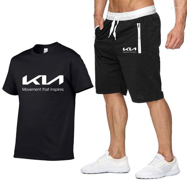 Fatos masculinos terno de verão kia motores impresso moda casual roupas esportivas mans manga curta algodão camiseta shorts conjunto de 2 peças