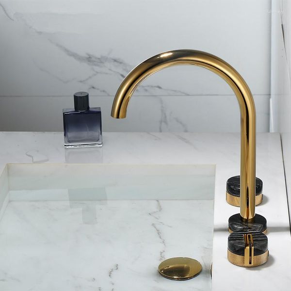 Rubinetti per lavandino del bagno Rubinetto Oro Diffuso Lavabo da 8' Rubinetto in ottone e marmo Miscelatore a 3 fori Doccia fredda