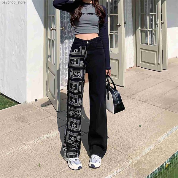 Jeans Femme 2023 Mode Femmes Taille Haute Patchwork Lettre Y2kvintage Denim Pantalon Street Style Imprimer Punk Droite Large Jambe Baggy Jeans Q230901