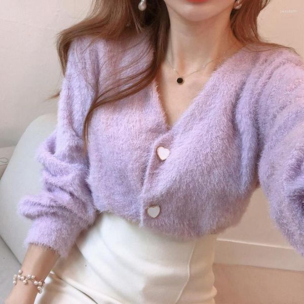 Malhas femininas coreia do sul chique outono francês vento suave oceano decote em v botão amor vison cabelo suéter top cardigan mulher