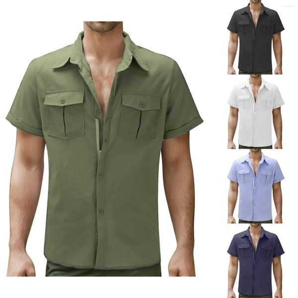 Camisetas masculinas verão cor sólida manga curta algodão linho bolso com zíper oculto camisa de trabalho