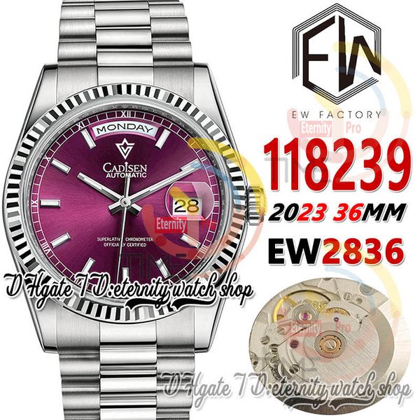 EWF V3 ew118239 A2836 Relógio masculino automático 36MM Moldura canelada Cherry Dial Stick Marcadores 904L Pulseira Jubileesteel com o mesmo cartão de garantia de série Relógios de eternidade