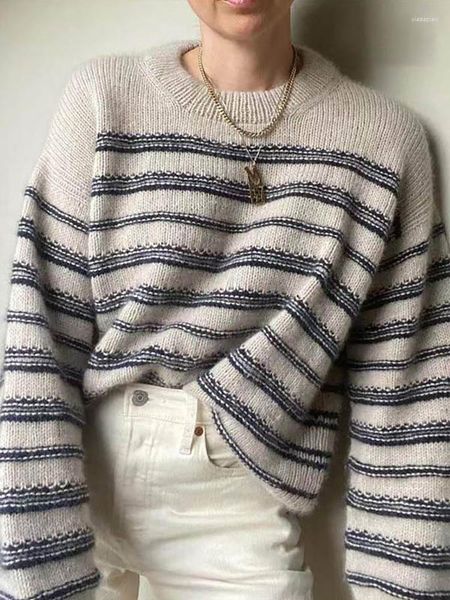 Frauenpullover gestreifter Pullover Frauen Strickpullover weibliche lässige Springer Damen Langarm Strickwege Herbst Winter Dicke Top Trikot