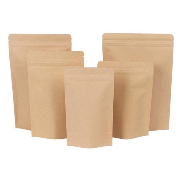 Atacado 11 tamanhos marrom kraft papel stand-up sacos calor selável resealable zip bolsa interna folha de armazenamento de alimentos saco de embalagem com rasgo notc 4 l2