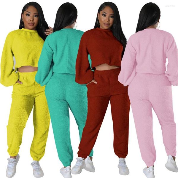 Calças femininas de duas peças conjunto de moda mulheres agasalho teddy veludo manga longa colheita top suor terno sexy esportivo outono roupas combinando conjuntos