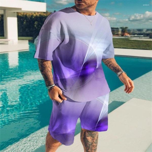 Camiseta masculina verão moda roxo impressão respirável 2 peças conjunto casual manga curta camiseta shorts terno esportes streetwear