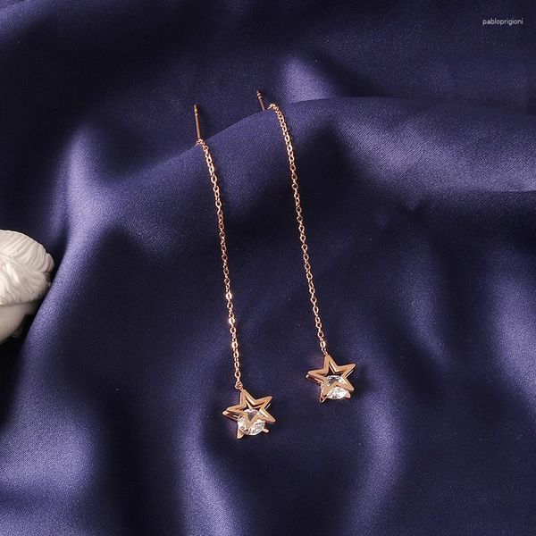 Brincos pendurados simples estrela corrente de aço inoxidável rosa cor ouro zircão pentagrama borla para mulheres femme jóias amigo presente