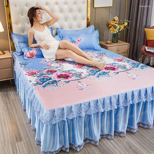 Yatak etek ev yaz seti viskoz elyaf serin dantel altın kapağı jakard çiçek yatak örtüsü mavi buz paspası tekstil f0514