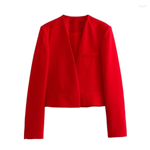 Ternos femininos com decote em v manga comprida fino estilo curto blazer para mulher casual moda vermelho 2023 outono