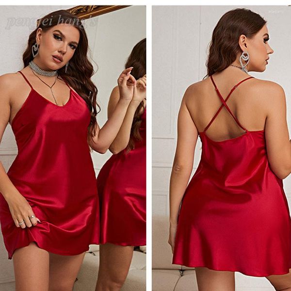 Damen-Nachtwäsche, sexy bedrucktes Erdbeer-Nachthemd für Damen, Übergröße 3XL, 4XL, 5XL, Satin, Mini-Freizeit-Homedress, Sommer-Dessous