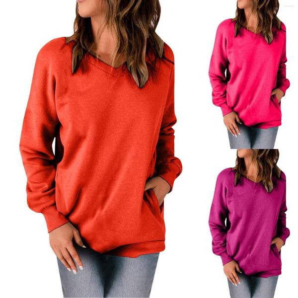 Maglioni da donna Tinta unita Moda Casual Tasca Girocollo Pullover Maglione a maniche lunghe Camicie felpe effetto consumato Comode magliette da donna