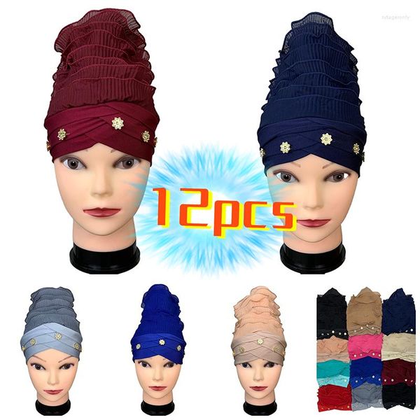 Roupas étnicas atacado 6/12pcs est elegante turbante chapéus mulheres boné frisado para chapéu da índia lenços cabeça envoltório headband menina acessórios de cabelo