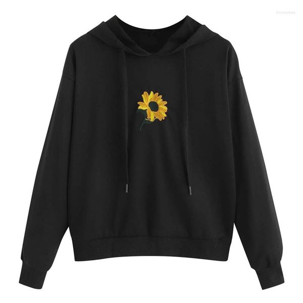 Hoodies femininos impressão de girassol moletom com capuz senhoras casual draw string inverno simples tripulação pescoço blusa quente manga longa pulôver