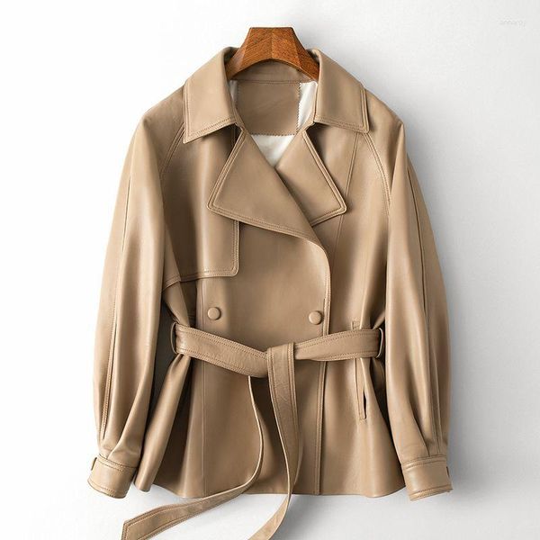 Giacca da donna in vera pelle Julypalette Giacca blazer genuina 2023 Cintura da donna doppio petto con lacci Cappotti in pelle di agnello Khaki Chic da donna