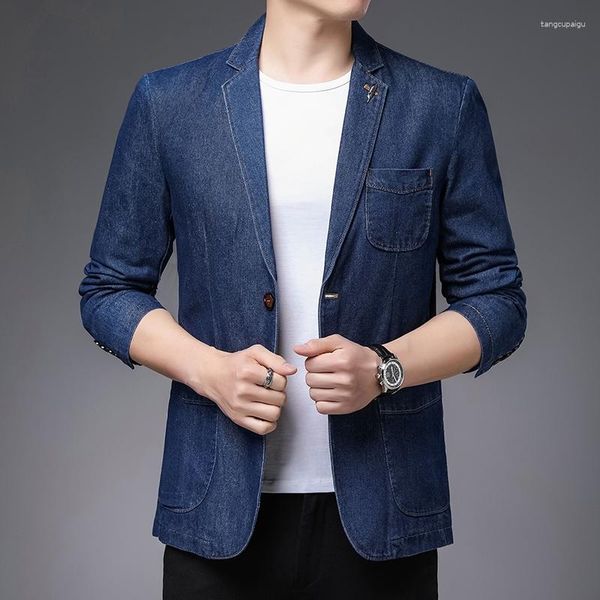 Erkek Suit 2023 Bahar Sonbahar Yüksek kaliteli marka iş kıyafet ceket erkekler moda ince uygun 2 düğme mavi denim blazer erkek