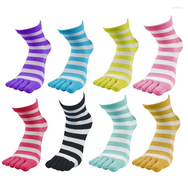 Damen-Socken, 6 Paar, Fünf-Finger-Herbst-Frühling, kurze Baumwolle, atmungsaktiv, gestreift, Dame, niedlich, warm, zufällige Farben