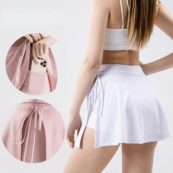 Shorts ativos esportes yoga saia feminina secagem rápida badminton tênis calças 2 em 1 bolso de secagem garfo lateral anti exposição culottes