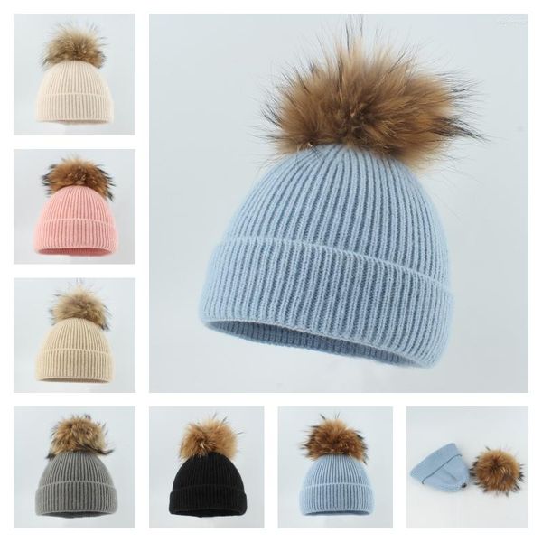 Berets Big Fur Pom Wolle Beanie Hüte Winter Warme Strickmütze Baby Mädchen Jungen Echte Waschbär Pompom Beanies Kappe häkeln Motorhaube