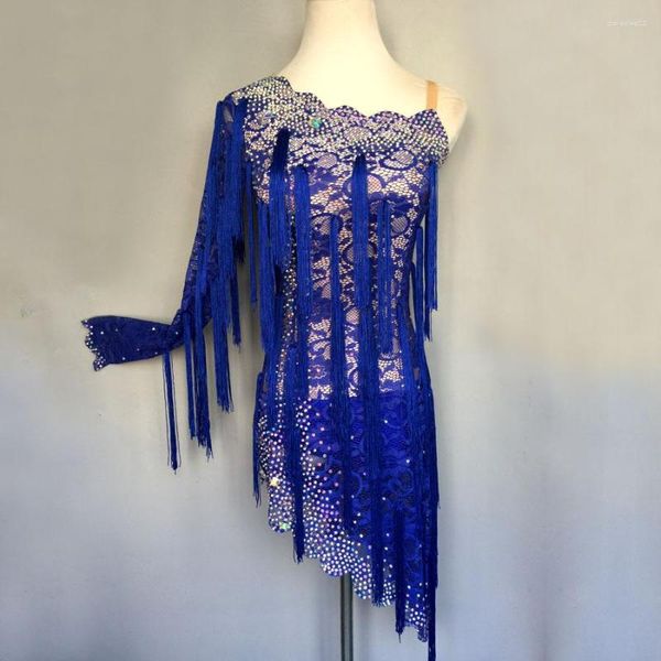 Сценическая одежда Est, конкурсное платье для латинских танцев для девочек, женское синее вечерние платье с кисточками для танцев, женская одежда для выступлений, детская одежда 1155