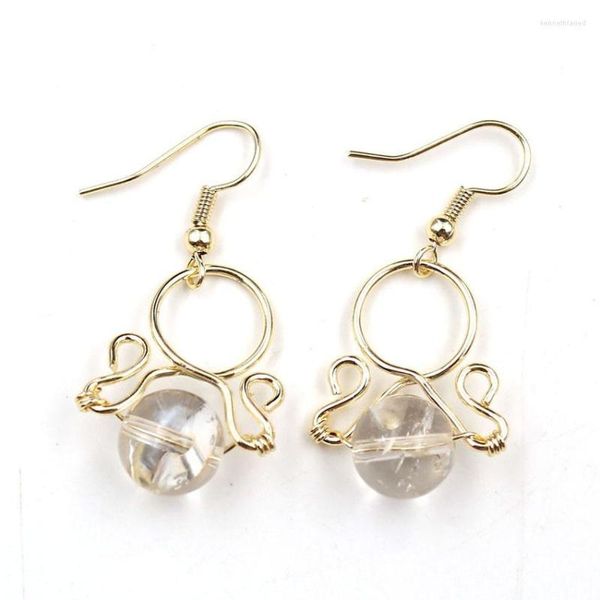 Baumelnde Ohrringe FYSL Hellgelbgold Farbe Wire Wrap Klarer Quarz Runde Perlen Tropfen Für Frauen Grüner Aventurin Schmuck