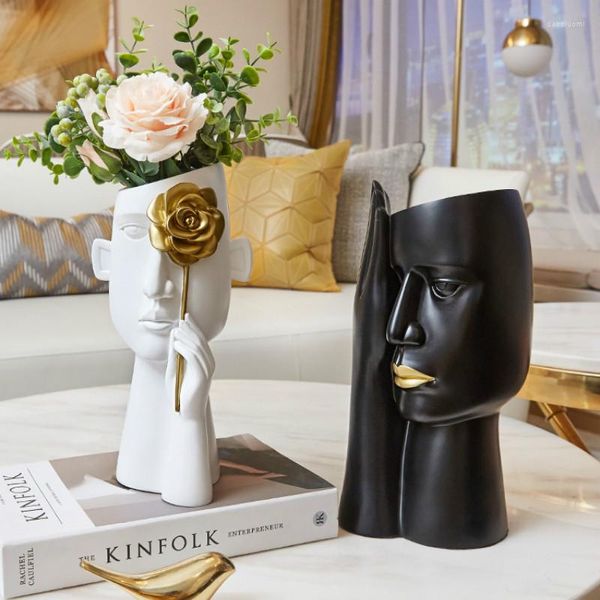 Vasos Minimalista Retrato Resina Escultura Preto Cabeça Humana Vaso Vaso de Flores Decoração de Mesa de Escritório Arranjo Decoração de Casa