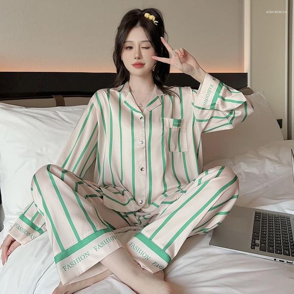 Mulheres sleepwear duas peças conjunto mulheres casa roupas para primavera e outono gelo seda de mangas compridas pijama calças ternos feminino cetim nightwear