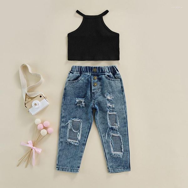 Set di abbigliamento 1-6 anni Completi estivi per ragazze Canotte senza maniche con spalle scoperte per bambini Jeans strappati con tasche Set casual