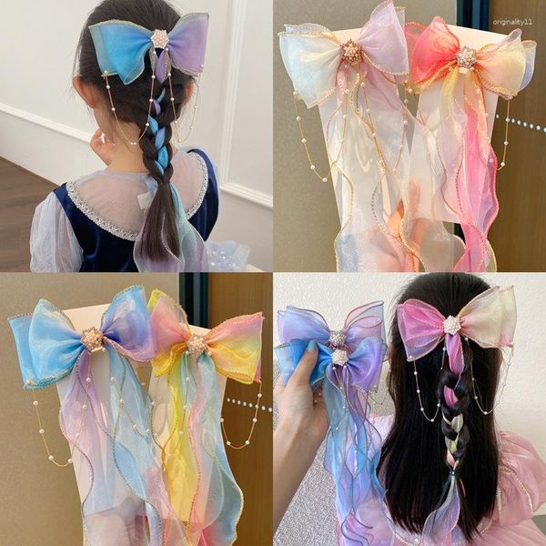 Accessori per capelli Catena di perle Ragazze Maglia Streamer Archi Bowknot Nappa Clip per coda di cavallo Intrecciatura sfumata Impugnature per capelli