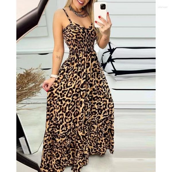 Lässige Kleider Kleid 2023 Sommermode Böhmisches Gelbes Leopardenmuster Hängender Riemen V-Ausschnitt Schnürung Plissee Hohe Taille A-Linie Langes Kleid