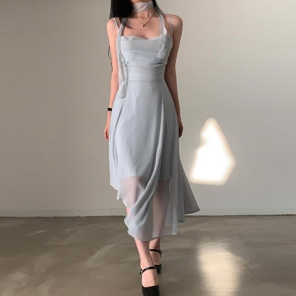 Lässige Kleider Südkorea Chic Sommer Französisch Pure Wollen Sie ein Wort wickeln Schulter aushöhlen Taille Design Unregelmäßige Halter Kleid weiblich