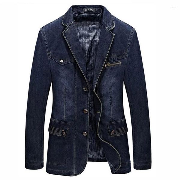 Ternos masculinos marca roupas clássicas jaquetas denim blazer casaco fino ajuste jeans casual azul real jaqueta com remendos