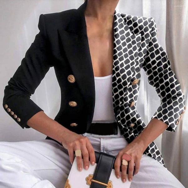 Ternos femininos outono inverno lapela manga longa blazer cor correspondência impressão duplo breasted botões punhos fino ajuste curto terno casaco