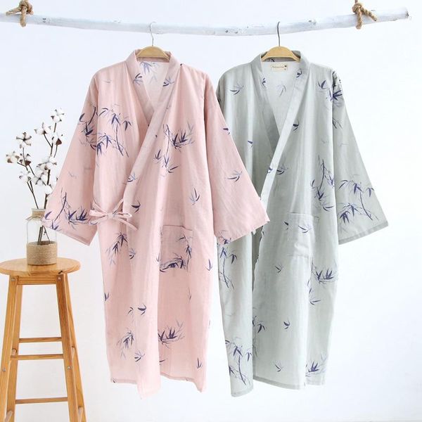 Pijamas femininos primavera e verão fino algodão folhas impressão camisola roupões para casais kimono roupão masculino cardigan roupões de banho