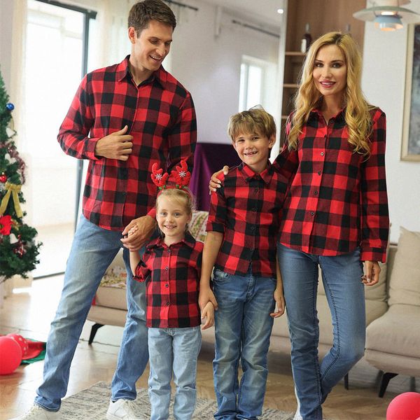 Família combinando roupas natal mamãe e eu camiseta roupas família combinando roupas xadrez mãe filha pai filho blusas de algodão manga longa 230901