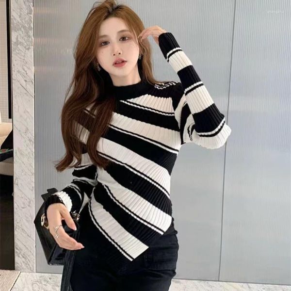 Damenpullover Mock Neck Chic Schwarz Weiß Gestreifter Strickpullover Langarm Slim Pullover Bottoming Lazy Style Strickwaren Weibliche Tops