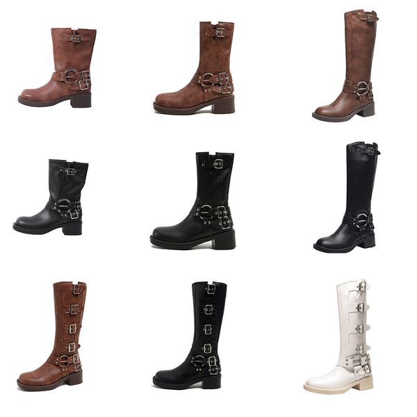 Australische Designer-Stiefel für Damen, Harness-Gürtel, Rindsleder mit Schnalle, Biker-Overknee-Stiefel, klobiger Absatz, Reißverschluss, Ritter-Damenstiefel, modische Stiefeletten mit quadratischer Zehenpartie