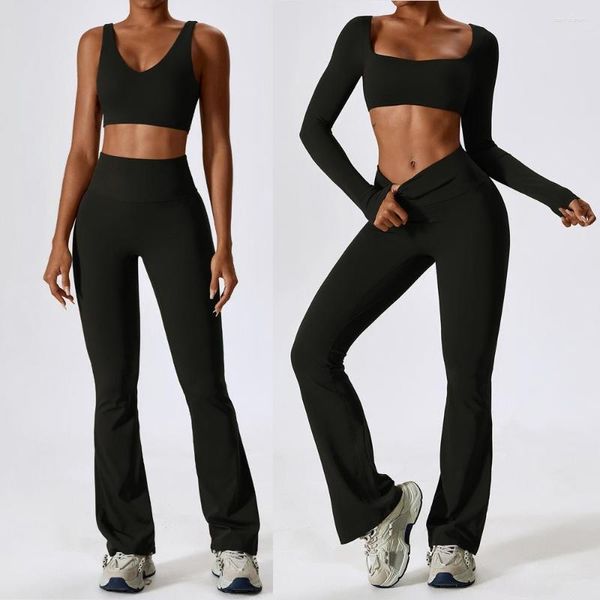 Pantaloni a due pezzi da donna per il tempo libero e lo sport Scrunch Flare Legging Set da donna 2 Abbigliamento da palestra per yoga Tuta da ballo a maniche lunghe per tuta fitness