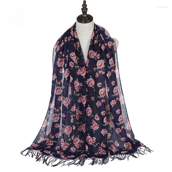 Abbigliamento etnico Sciarpe lunghe stampate floreali Hijab Velo sottile musulmano Foulard da donna Turbante da donna Scialle con fascia islamica