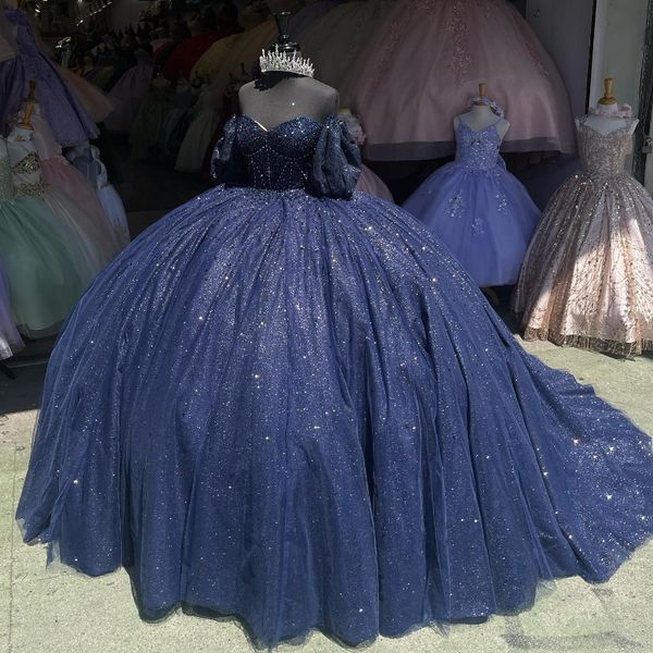 Блестящие темно-синие платья принцессы с открытыми плечами Quinceanera 2024, бальное платье с милыми бусинами, сладкое 16, Vestidos De 15 Anos