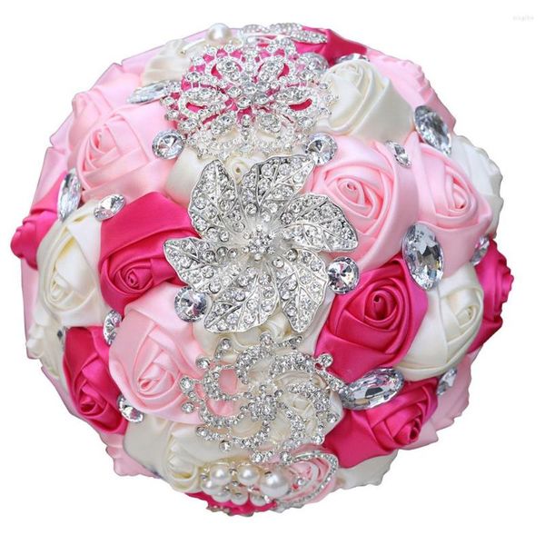 Flores decorativas de alta qualidade 24cm artesanal decoração de casamento buquê de seda rosa com strass brilhantes e pérolas segurando