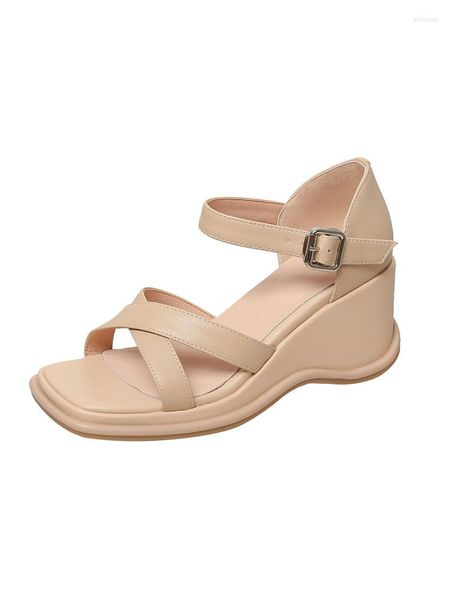 Sandalen SmallHut Frauen Echtes Leder Keile Sommer Kreuzriemen Schnalle Hochhackige Aprikosenweiße Plattform Partyschuhe