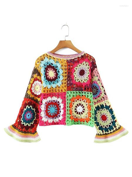 Suéteres femininos outono mulheres multicolor artesanal gancho flor oco boho malha suéter mujer flare manga feminina colheita pulôver chique tops