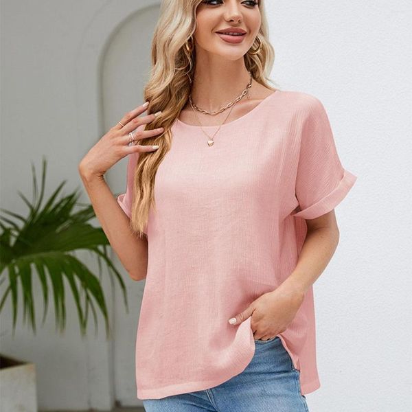 Camiseta feminina verão s manga curta cor sólida algodão e linho o-pescoço solto casual elegante outono blusa feminina topos c5266