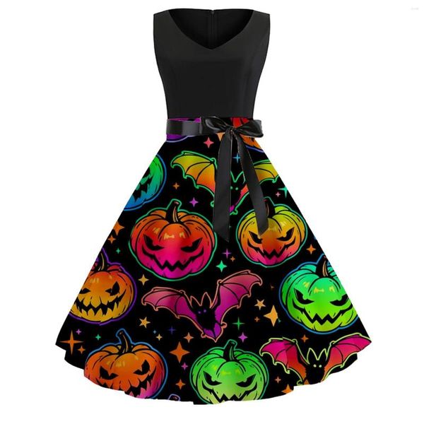 Freizeitkleider Damen Halloween Cartoon Print Ärmelloses Kleid mit V-Ausschnitt und großem Saum