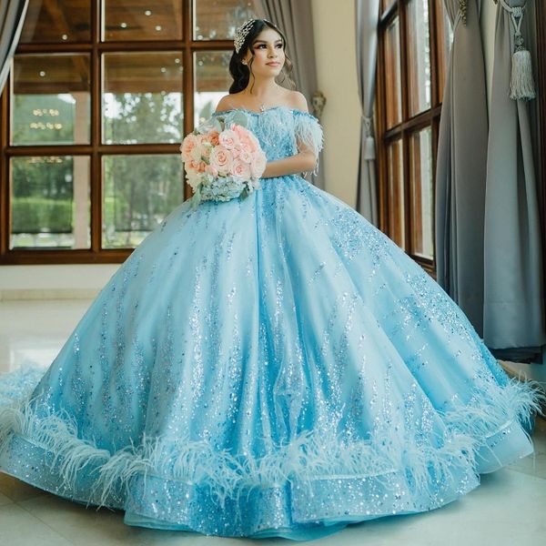 Vestidos de quinceañera con escote en forma de corazón brillante azul cielo, fiesta Formal de lujo con cuentas de encaje, vestido dulce 15, vestidos de baile de graduación Gwon