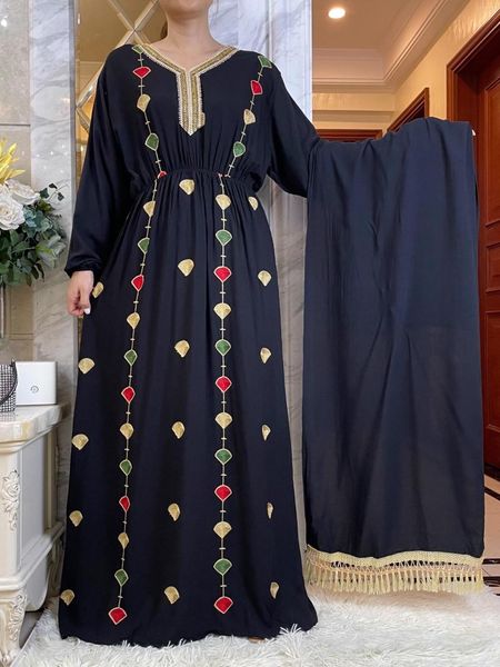Ethnische Kleidung Afrikanische Sommer Langarm Kleider Sammeln Taille Stickerei Blumen Maxi Islam Frauen Baumwolle Abaya mit großem Schal