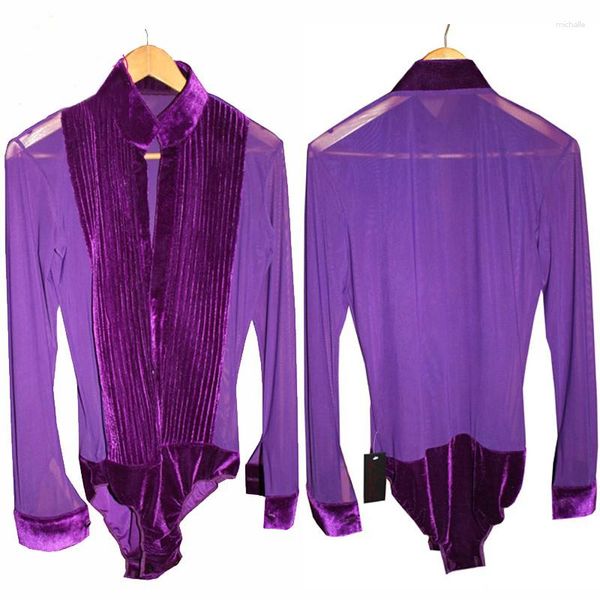 Palco desgaste latina dança topos homens roxo manga longa collant plissado camisa masculino profissional camisas de salão competição topo vdb842