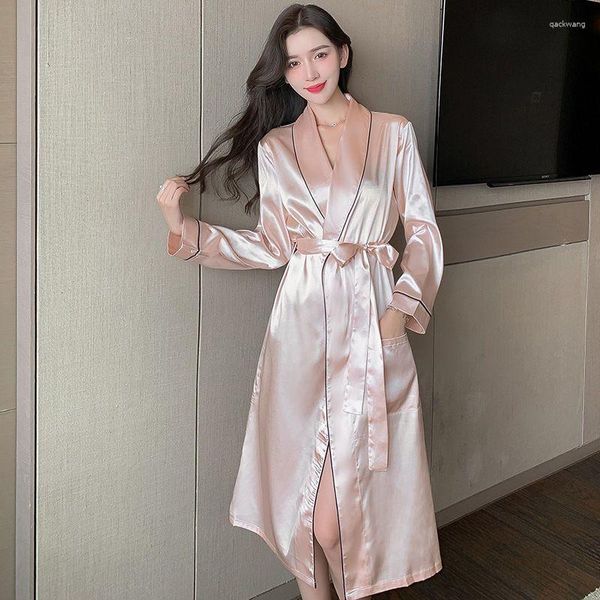 Pijamas femininos robe pijamas casa roupas de manga longa doce camisola solta vestido sólido roupão coreano sexy roupa interior cetim