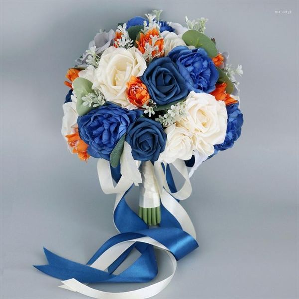 Flores decorativas casamento artificial azul laranja buquê de flores ornamentos portáteis para festa de noiva